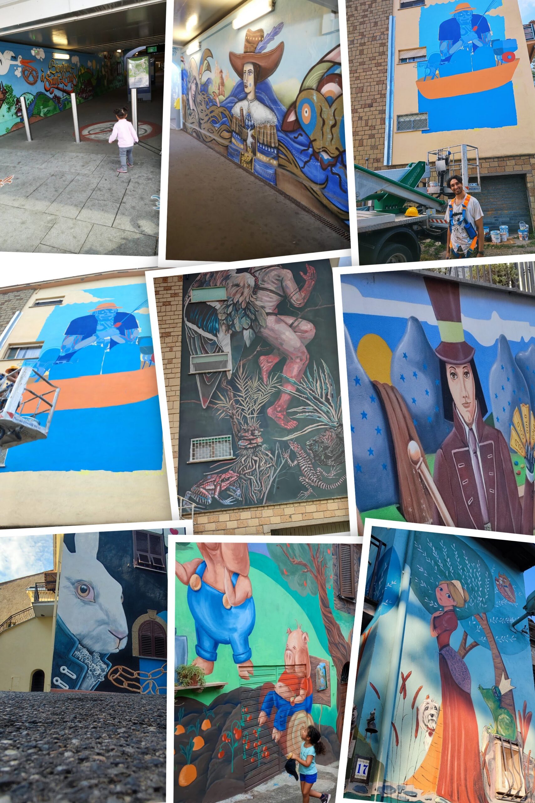 Murales di arte urbana che rappresentano cultura, comunità e identità sociale, documentati dal progetto Tessitori di Idee per promuovere empatia sociale sostenibile attraverso arte e territorio