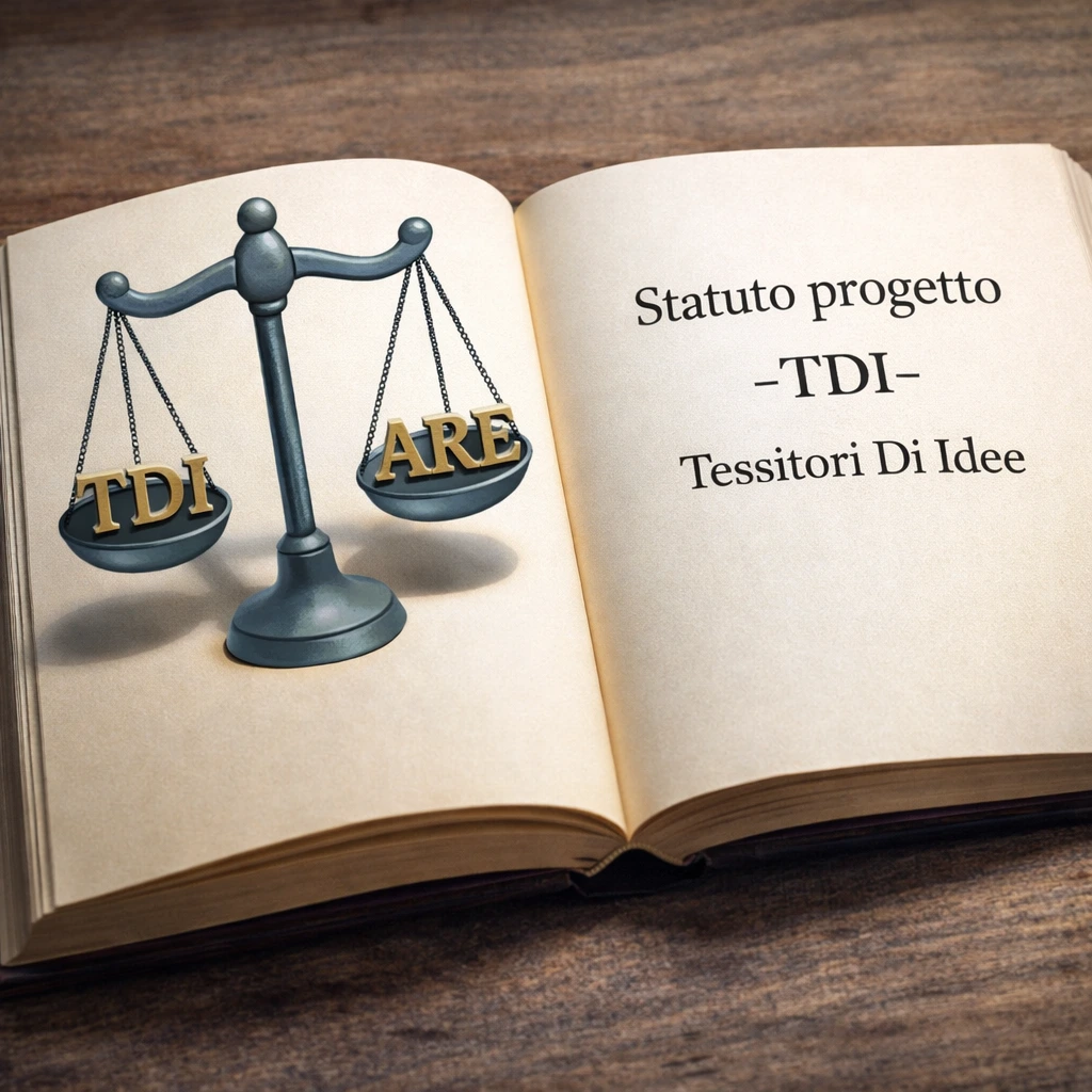 Bozza Statuto Progetto TDI Tessitori di Idee basato sui principi ARE rappresentato da libro aperto con bilancia della giustizia