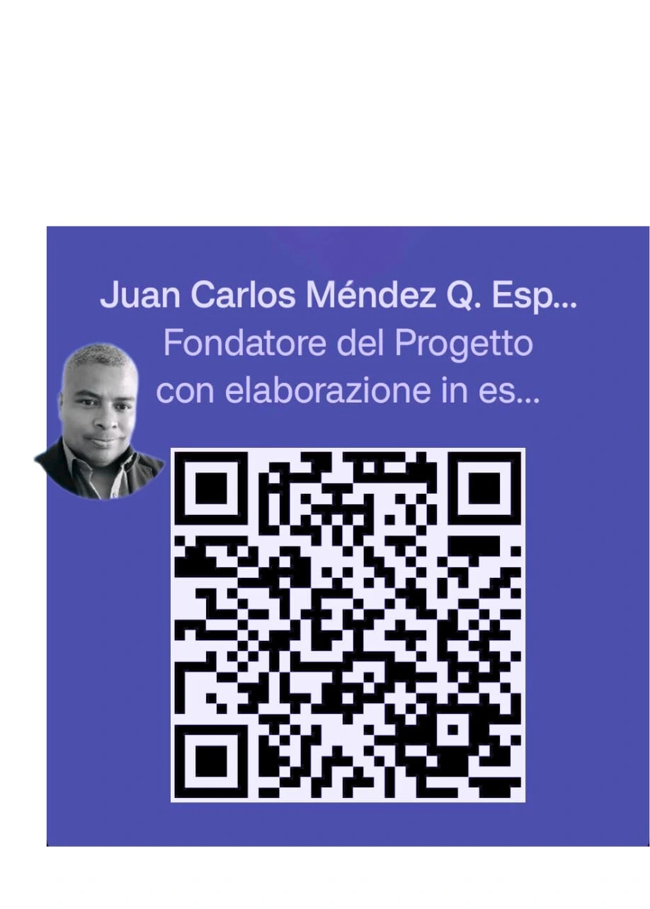 Juan Carlos Méndez Q., fondatore del progetto Tessitori di Idee, con QR code per accesso diretto al contatto e alla rete di empatia sociale sostenibile.