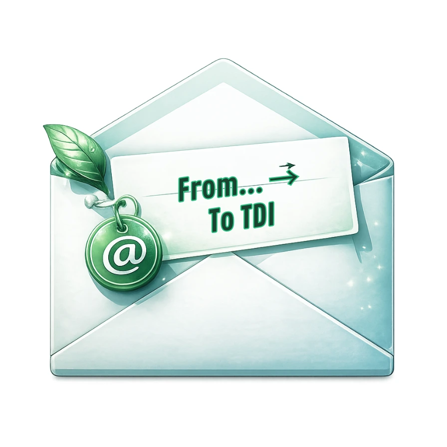 Icona email TDI con busta e OK, contatto etico basato sui principi ARE