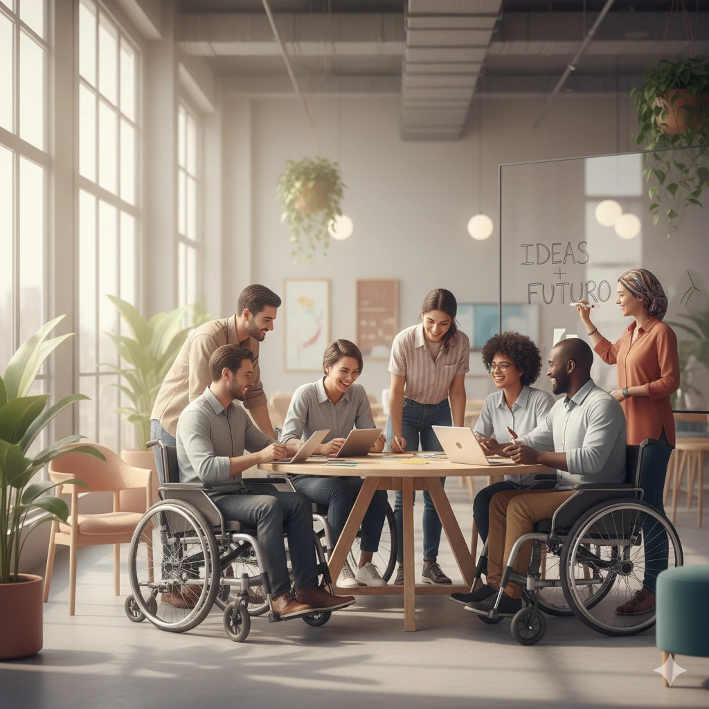 Team collaborativo inclusivo del progetto Tessitori di Idee che lavora insieme per costruire una comunità basata su empatia sociale sostenibile, reciprocità e innovazione umana.