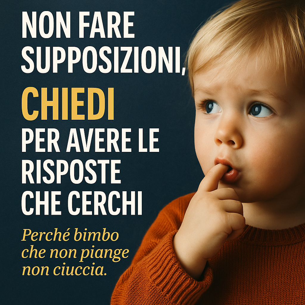 Bambino pensieroso con dito alla bocca accanto alla frase “Per avere risposte fedeli, chiedi alla fonte”