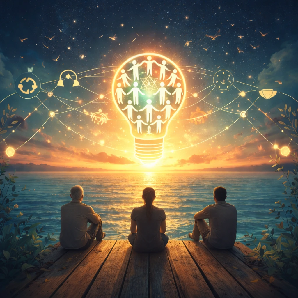 TDI -Lampadina luminosa con persone connesse, Mission e Vision nel orizzonte, simbolo dei sotto-progetti vivi di Tessitori di Idee