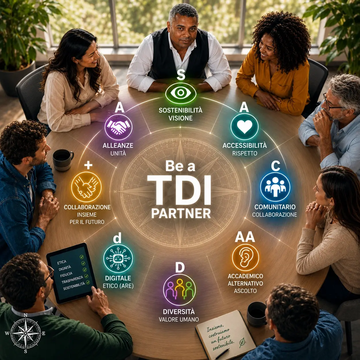 Tessitori e tessitrici uniti in dialogo, fiducia, visione, ascolto e dignità umana, guidati dalla bussola SAC+AA/D(d) del Progetto Tessitori di Idee.