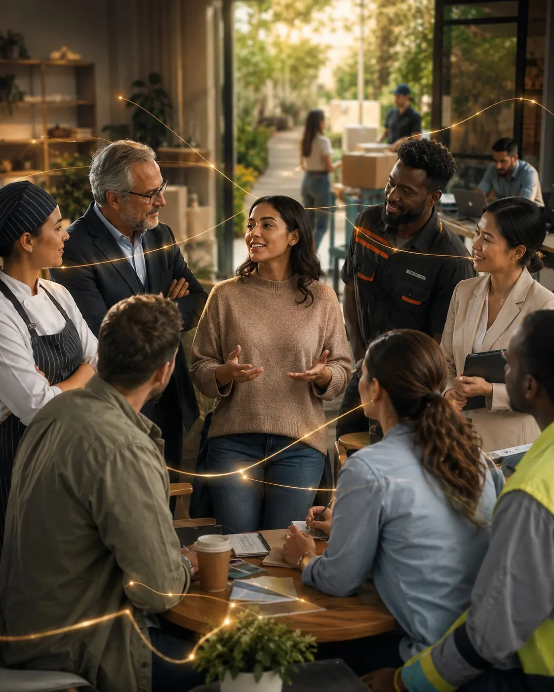 Persone di diversi ambiti professionali riunite in ascolto, inter-collegate da fili luminosi che rappresentano competenze, fiducia e opportunità, scambio, offerta, richiesta
